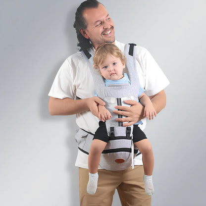 Waist stool baby carrier with 25cm seat supporting toddler, showing hip strap adjustment and weight distribution