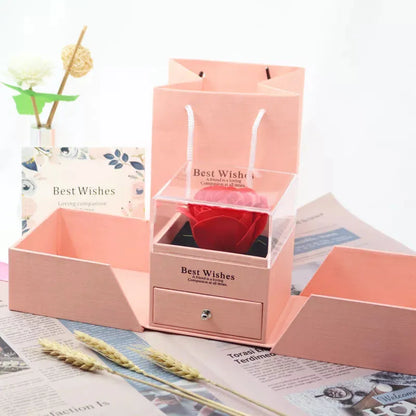 Blue jewellery gift box with plastic eternal flower decoration for Valentine's Day accessories storage