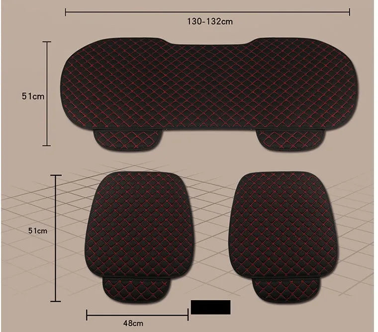 Flax linen car seat cover protector in beige, black, red and brown, with cushion and five-seat style options.