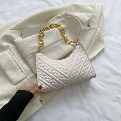 Brown pleated chain baguette shoulder underarm bag with adjustable strap and soft carry handle