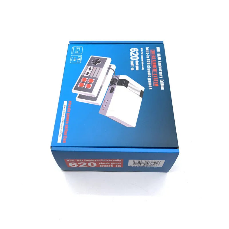 NES 8-bit retro game console with AV cable and two controllers on display