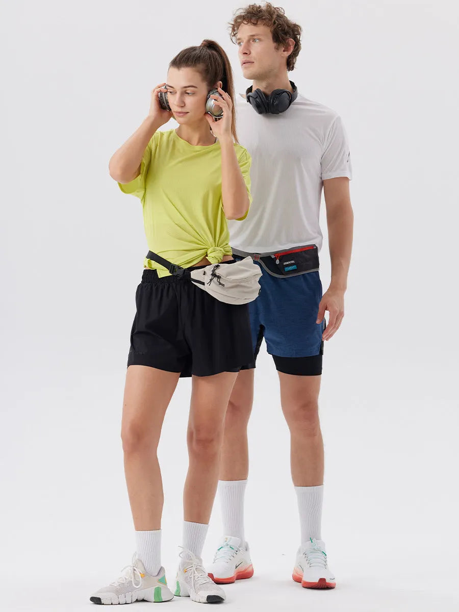 Men's straight-leg sports shorts with side slits in turmeric yellow, night blue, and black colours