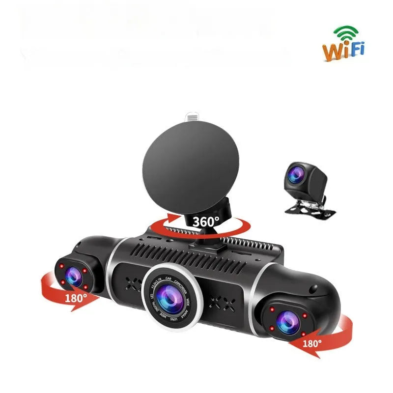 Dual-lens HD driving recorder with 3.5-inch screen showing vehicle footage