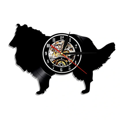 30cm vinyl record wall clock with dog breed designs, silent quartz movement, and pre-installed hook