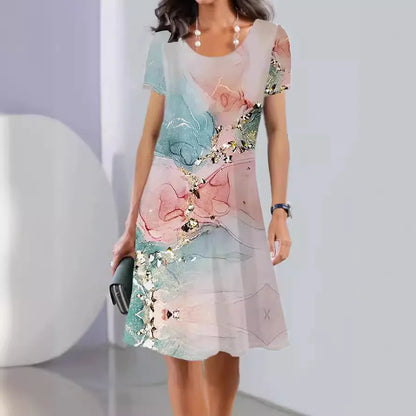 Women's mid-length dress with painted plant and flower patterns on ice silk fabric, A-line skirt, short sleeves, round neck