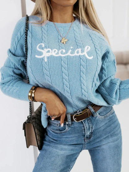 Blue leisure pullover with embroidered letters design and crew neck in core-spun yarn fabric