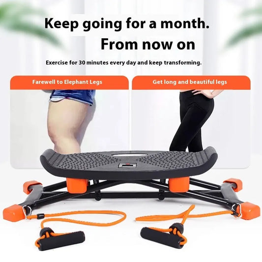 Black JS101A mini fitness skiing machine with elastic hand straps on a home floor, showing compact size.