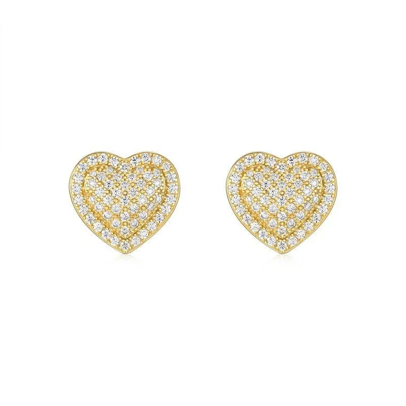 Golden S925 silver stud earrings with a heart-shaped moissanite stone.