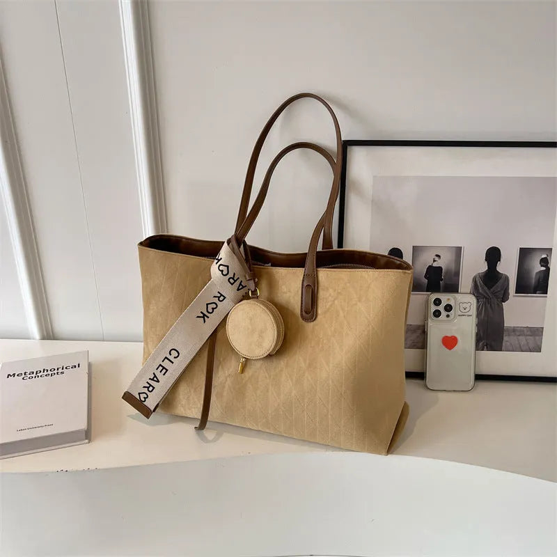 Large soft polyester casual tote shoulder bag in a horizontal square shape with sandwich pockets.