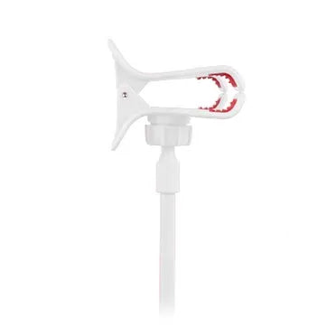 Black flexible arm mobile phone holder with V-clip gripping a smartphone, extended to 70cm on a bedside table.