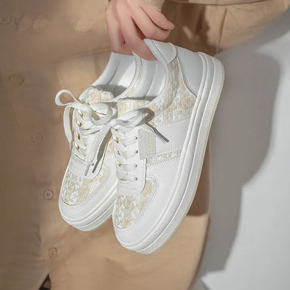 Beige plaid platform leisure sports shoes with lace-up front and rubber sole
