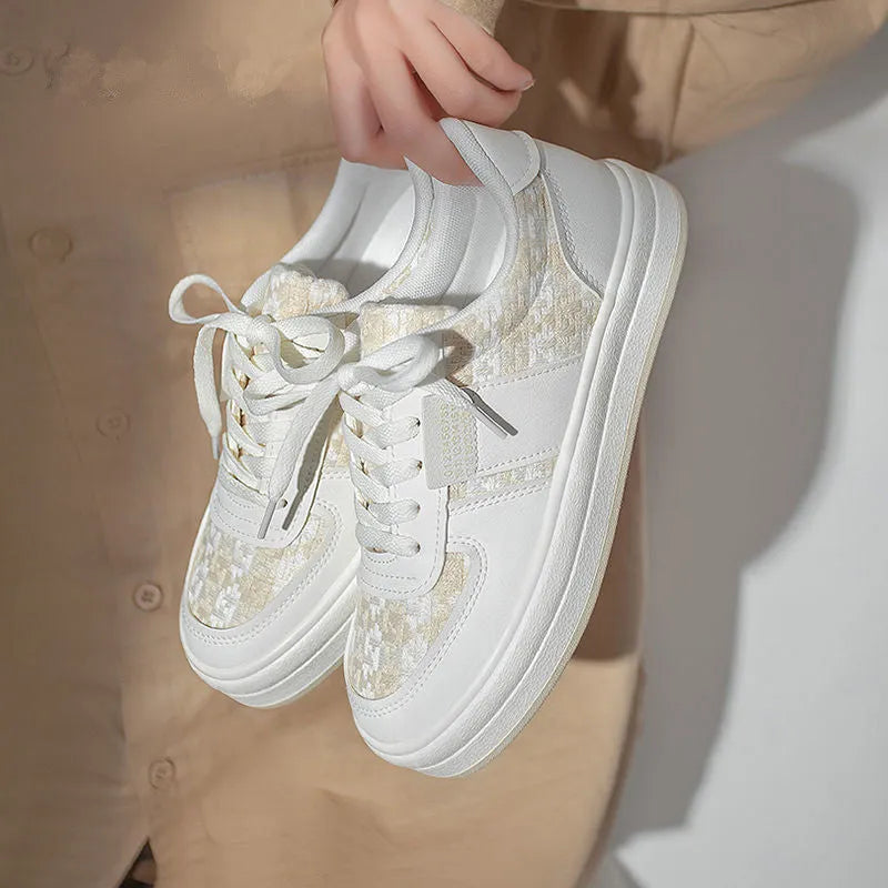 Women's platform sports shoes in beige plaid microfiber with round toe and rubber sole, featuring front lace-up design for balanced breathable non-slip leisure wear, available in sizes UK 2.5-5.5 (EU 35-40)