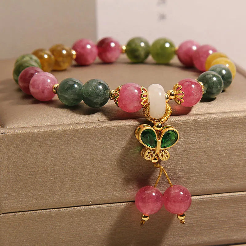 Women's tourmaline butterfly pendant bracelet with colourful stone details and rhinestone elements