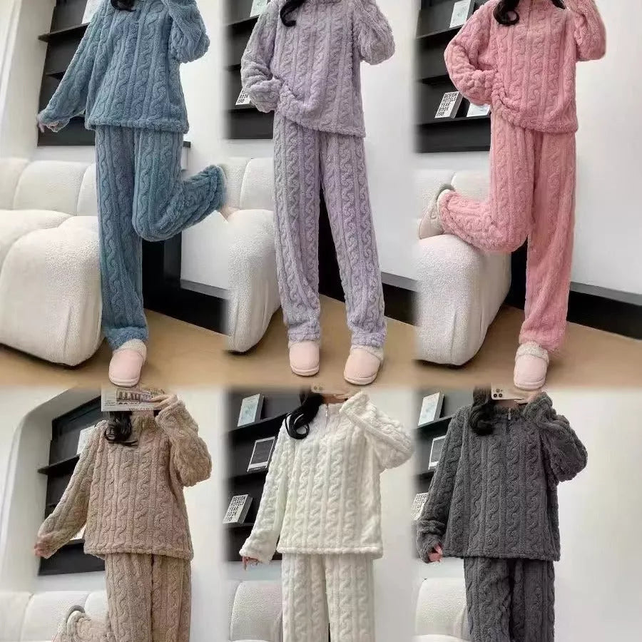 Twist zipper couple fleece-lined pajamas in various colors for winter warmth