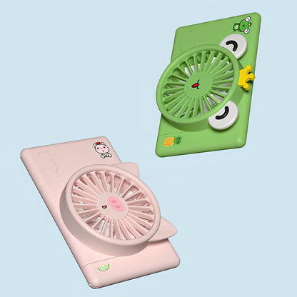 Green and pink neck fan with card design, 120x75x22.5mm dimensions, USB charging port