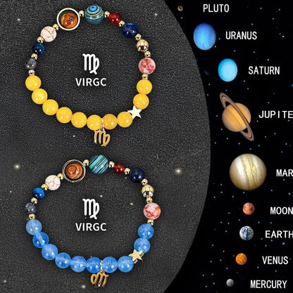 Twelve Zodiac Sign beaded bracelet set with natural stone beads on adjustable cord, showing two bracelets for mix-and-match styling.