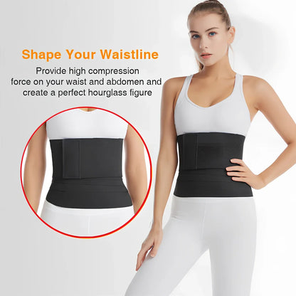 Red and black polyester waist training belt with binding strap for body sculpting