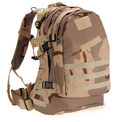 3D tactical backpack in camouflage colour with MOLLE webbing and adjustable shoulder straps