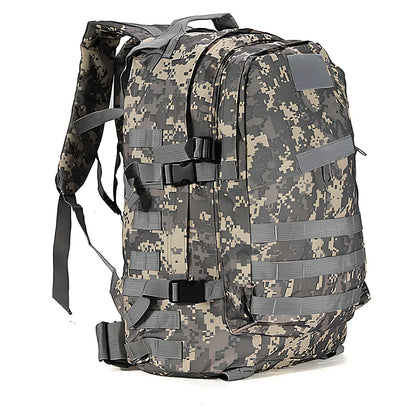 3D tactical backpack in camouflage colour with MOLLE webbing and adjustable shoulder straps