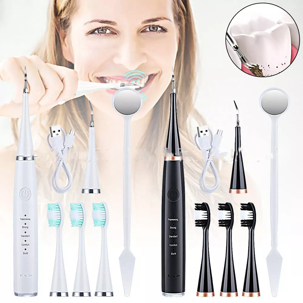 High-frequency electric toothbrush in white and black, with USB charging cable and brush heads