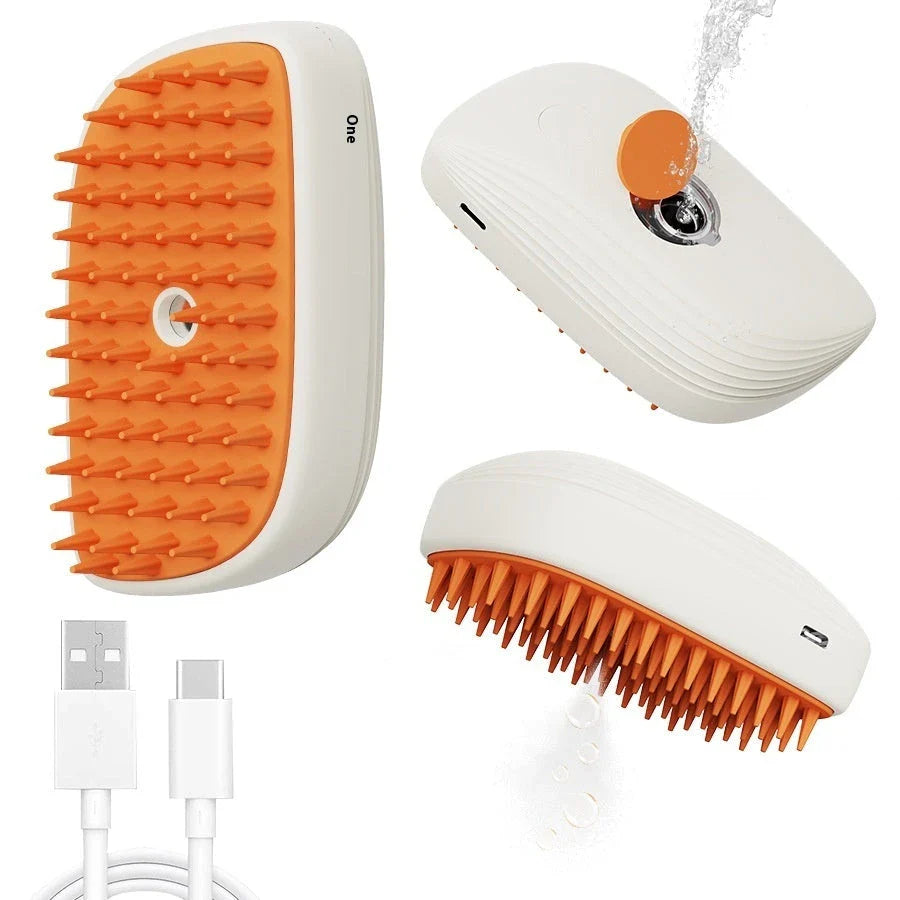 USB-rechargeable pet steam brush with gentle steam function for effortless cat grooming