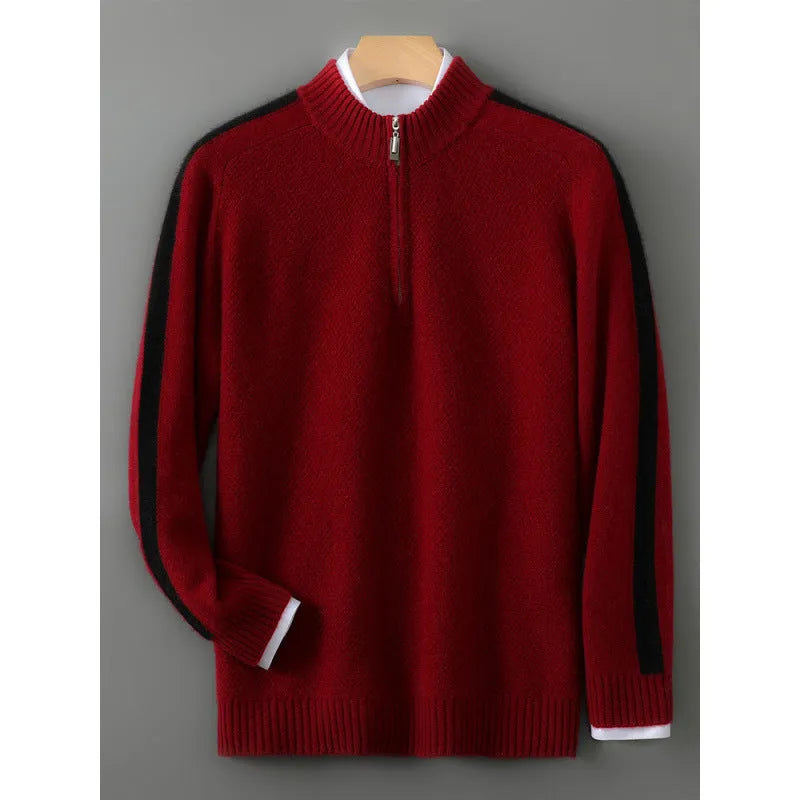 Sheep wool sweater with half-height zip, round neck, and slim fit in raw velvet camel colour