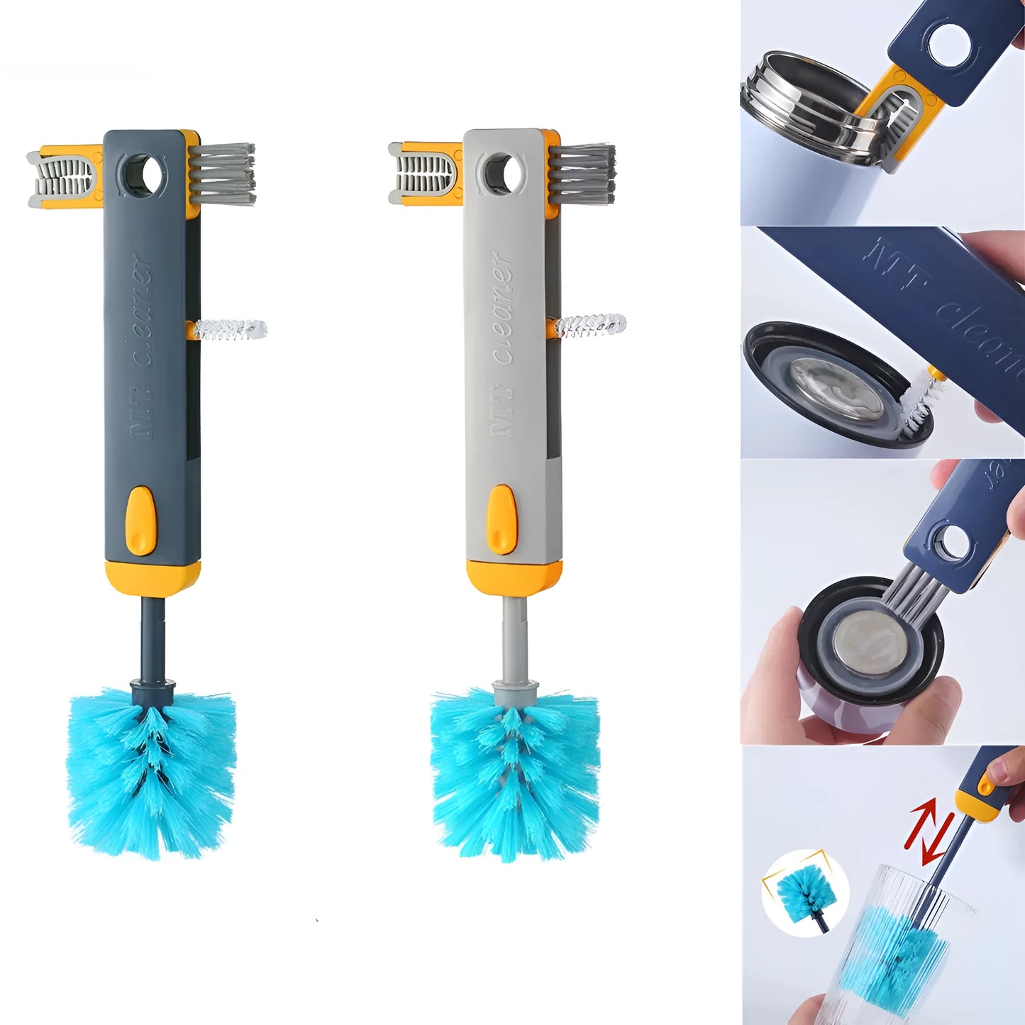 Blue and grey 4-in-1 multifunctional bottle and cup cleaning brush set with silicone, wire, and bristle heads.