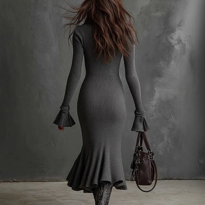 Dark gray polyester fishtail skirt with zip and bell sleeves, long length, sizes S to XXL