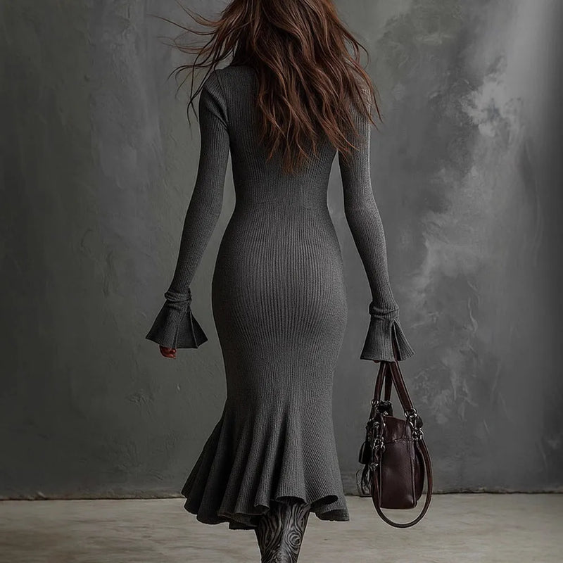 Women's Polyester Fishtail Skirt Long Maxi with Zip and Lapel Bell Sleeve Knitted Design in Dark Gray Sizes S to XXL