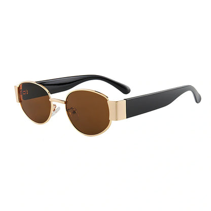 Small round sunglasses with gold frame and grey lenses, 50mm diameter with metal-reinforced construction
