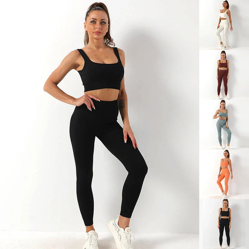 Seamless yoga set with high-waist leggings and supportive sports bra for women's fitness and activewear