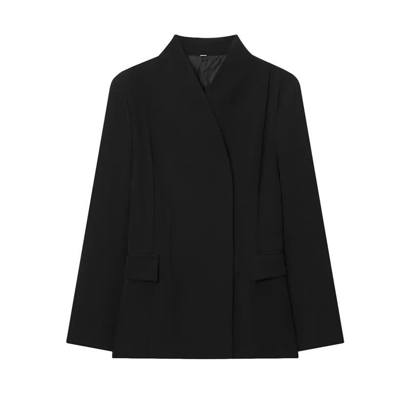 Women's black slim-fit suit jacket with regular sleeves on hanger