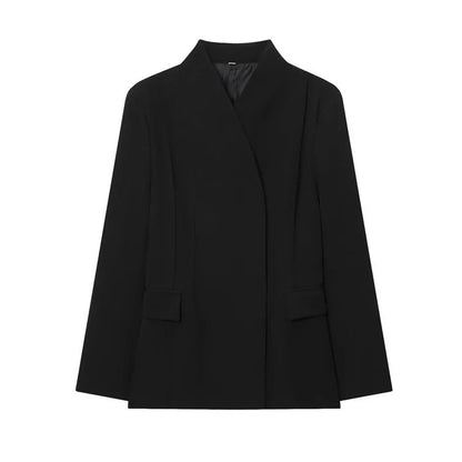 Women's black slim-fit suit jacket with regular sleeves on hanger