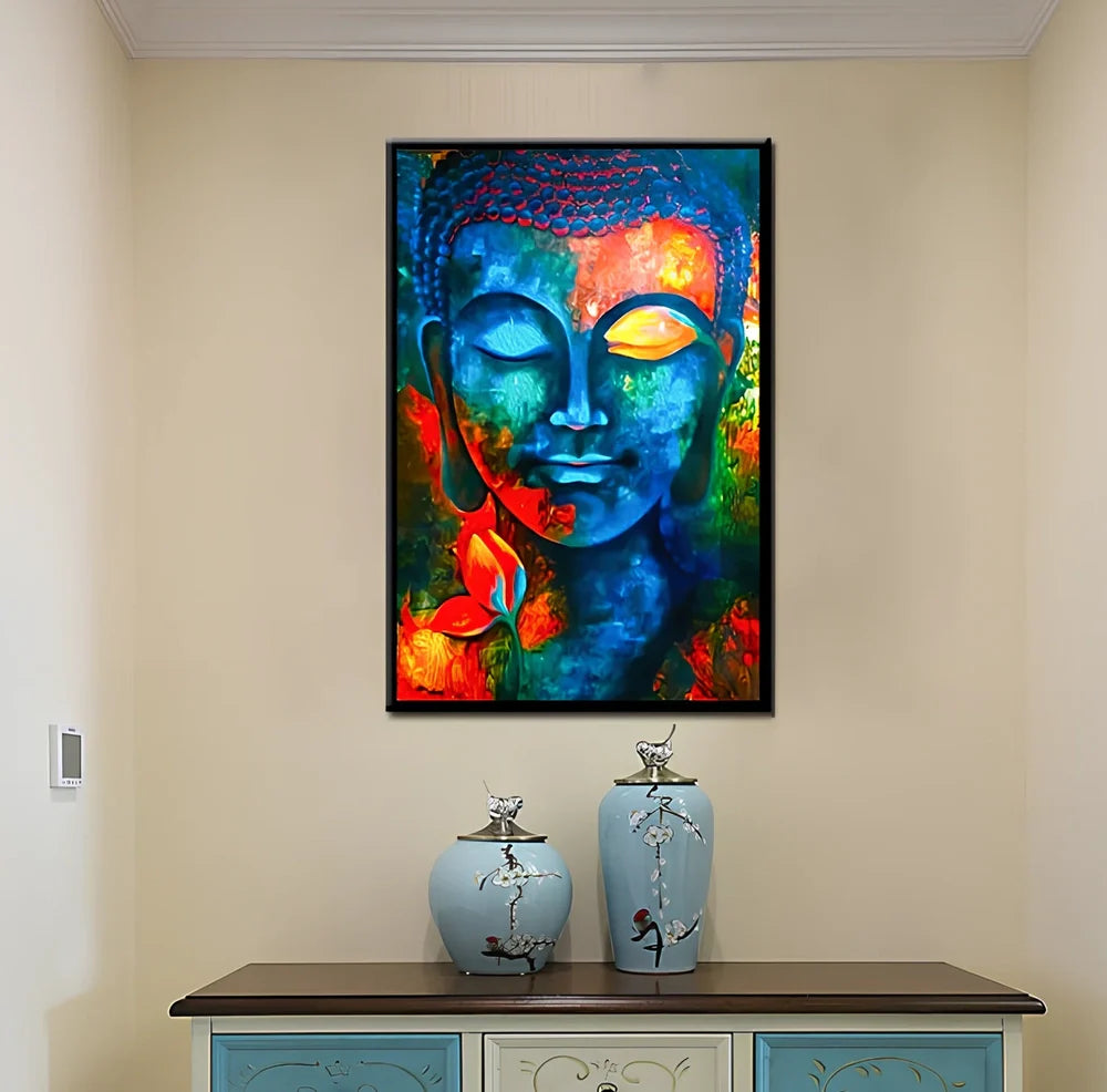 Modern Buddha canvas wall art in chemical fabric with detailed printing, available in 10 sizes from 20x30cm