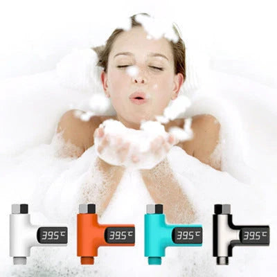 Premium digital shower thermometer with LED display, temperature control range, and sleek modern design