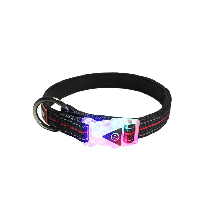 Nylon LED luminous pet collar leash in red, blue, and black with adjustable light modes