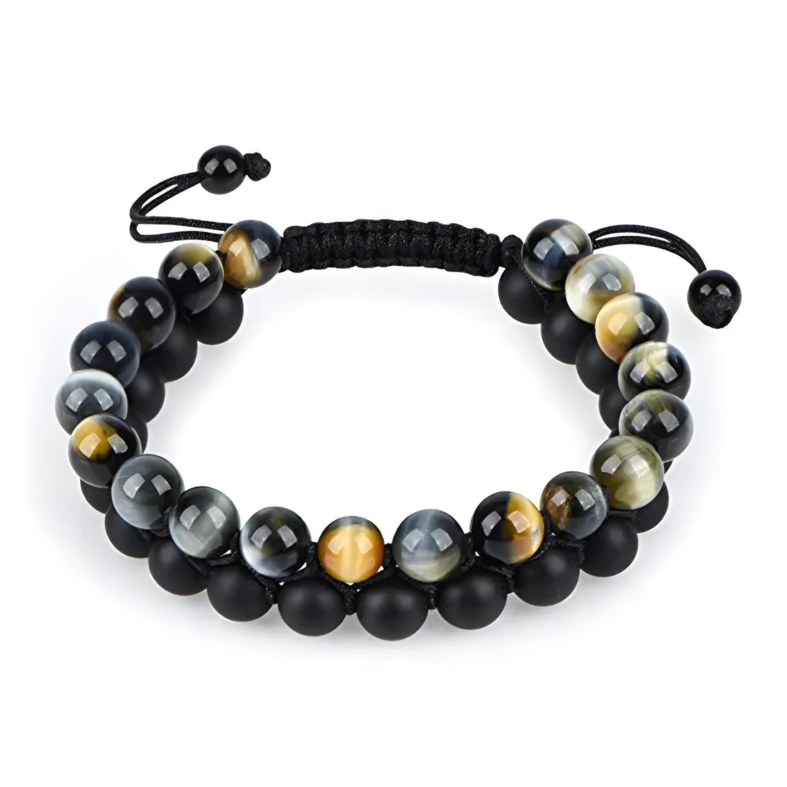 Tiger Eye and black agate geometric couple bracelets laid out as a matching set.