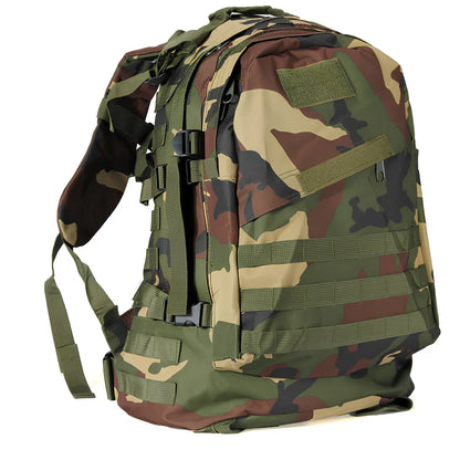 3D tactical backpack in camouflage colour with MOLLE webbing and adjustable shoulder straps