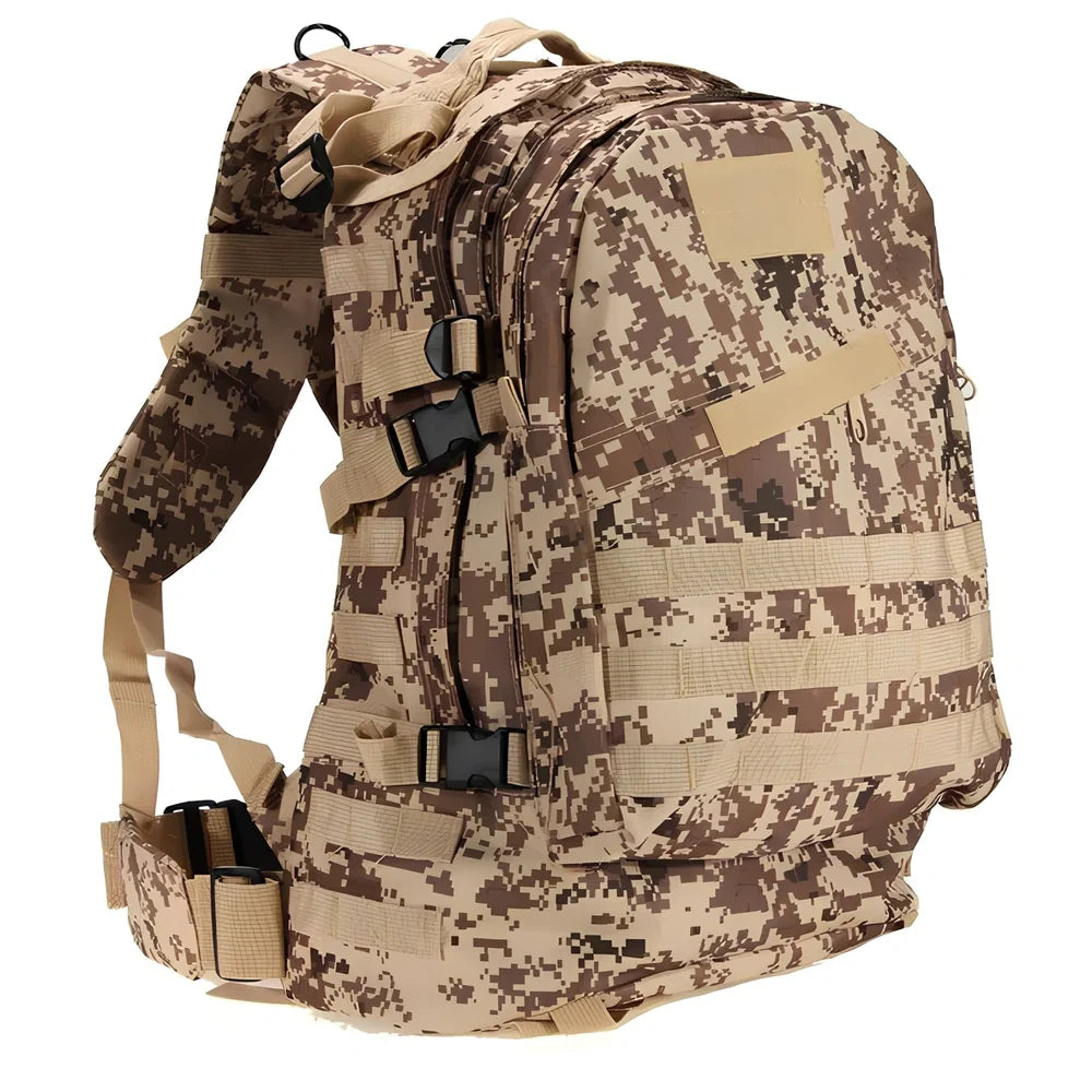 3D tactical backpack in camouflage colour with MOLLE webbing and adjustable shoulder straps