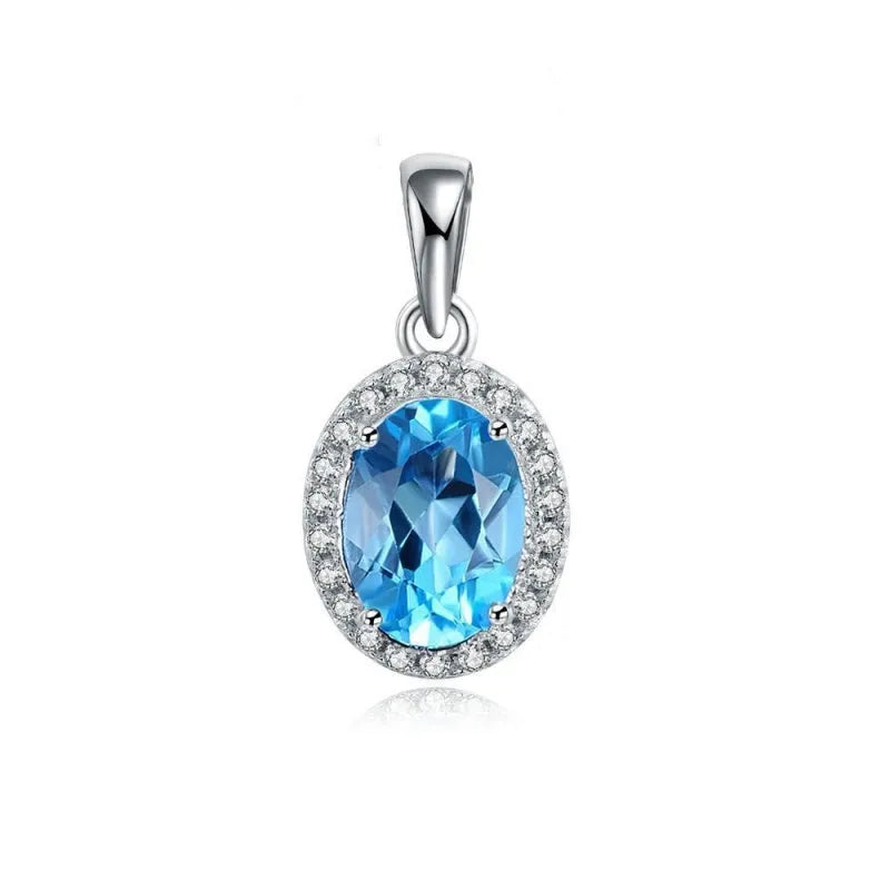 925 sterling silver jewellery set with blue topaz gemstones in geometry pattern, including earrings, ring, pendant, and necklace