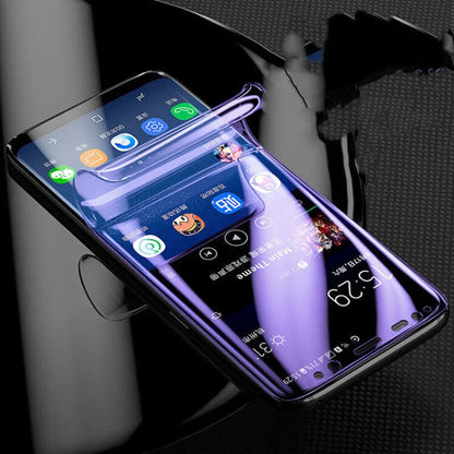 Curved phone protector for Samsung with matte finish and hydraulic film technology on purple packaging