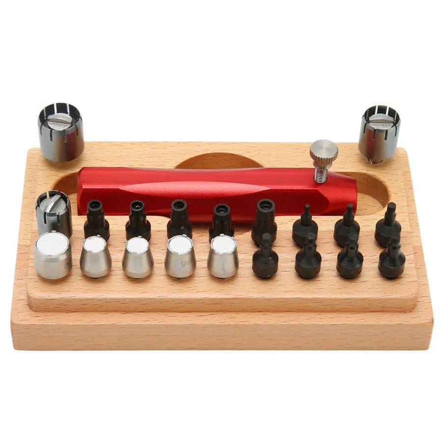 20-piece steel watch repair tool set with barrel-opening tools for clock maintenance