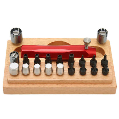 20-piece steel watch repair tool set with barrel-opening tools for clock maintenance