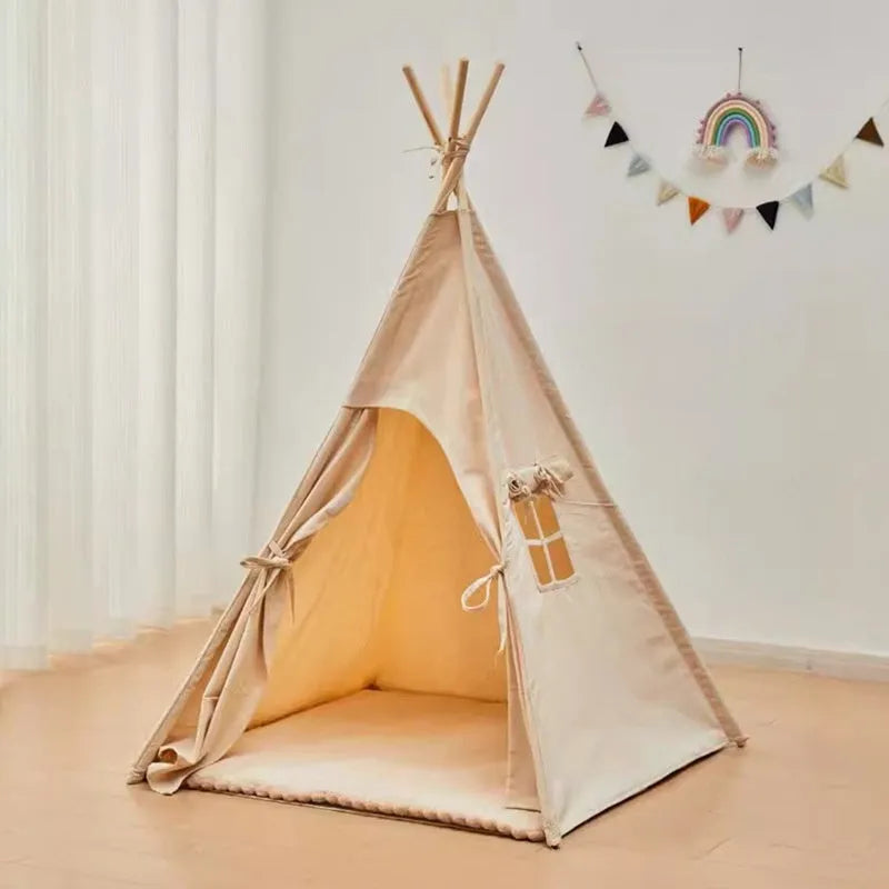 Beige indoor children's tent with cloth and wood construction, side door and hat style options for home play