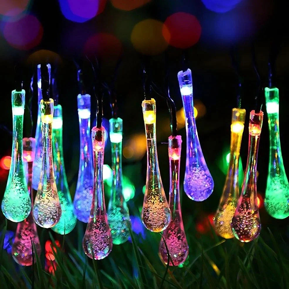 Water Drop Fairy LED solar garden lights with crystal-shaped beads on 4.8m string