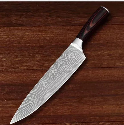 Chef's Multipurpose Slicing Knife with laser Damascus pattern and wooden handle