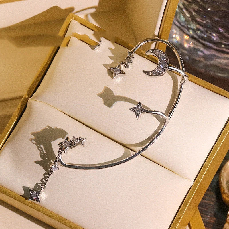 Butterfly design non-pierced earrings with detachable chain link in silver and purple