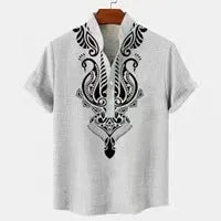 Men's striped casual linen shirt with personalised buttons showing loose fit and colour options