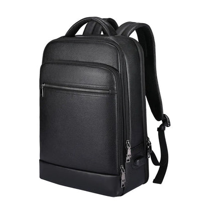 Black genuine leather men's business backpack with curved shoulder straps and sewing line detailing