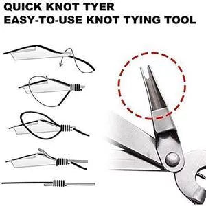 Stainless steel fishing pliers with black ABS plastic handle and quick knot tool